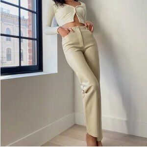 Aritzia Wilfred Melina Cream Leather Straight Cut Pants high rise straight leg 8